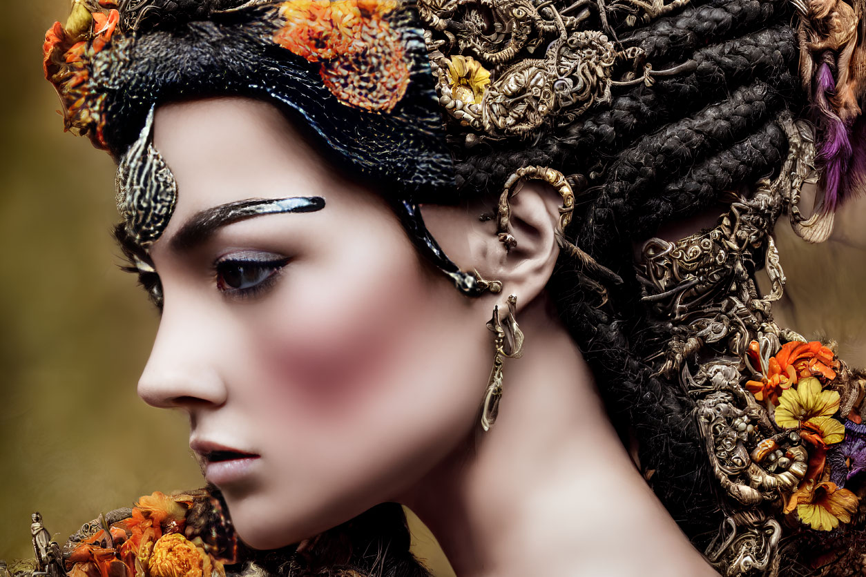 Intricate braided hair with colorful flowers and ornate jewelry on a woman.