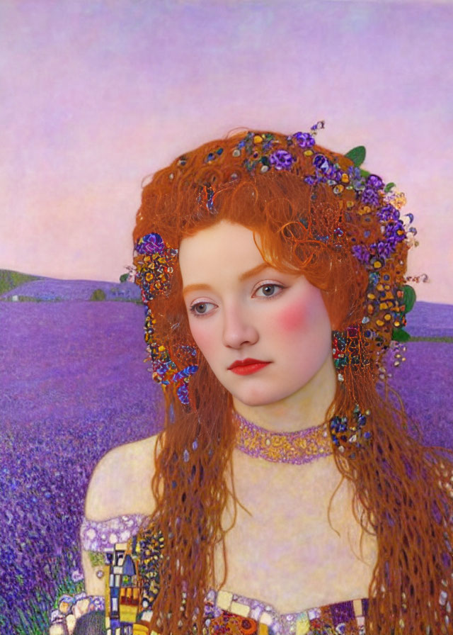 Woman with Red Hair and Floral Headpiece in Lavender Field Landscape