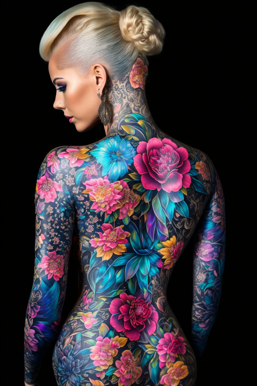 Blonde updo woman with vibrant floral tattoos on black background