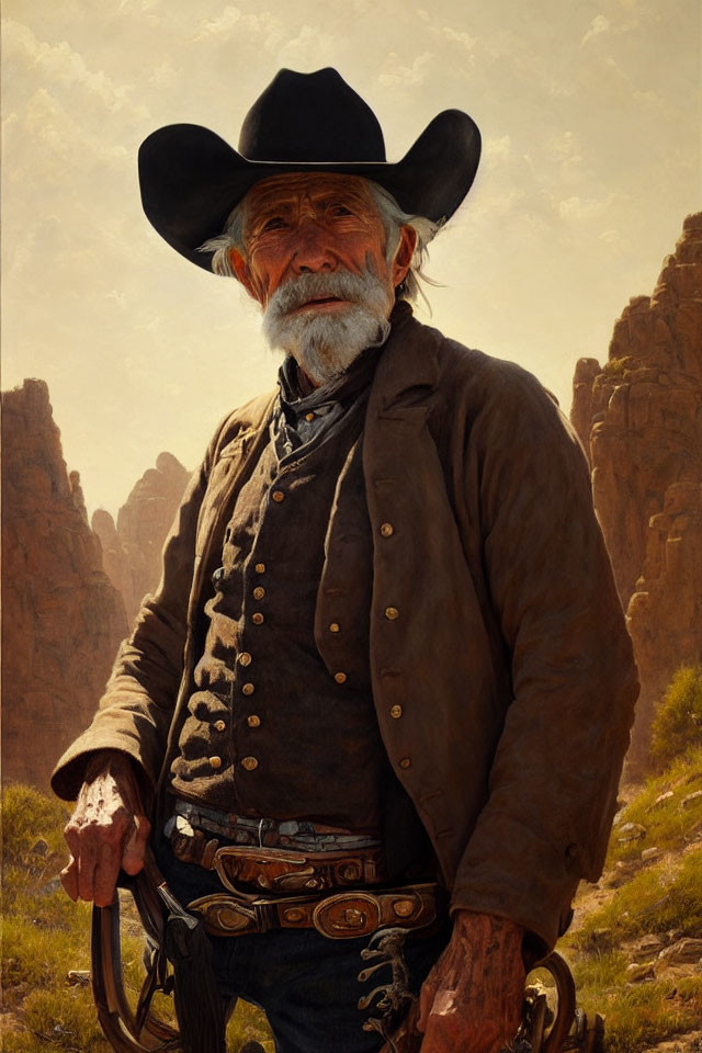 Weathered cowboy in black attire standing in desert landscape