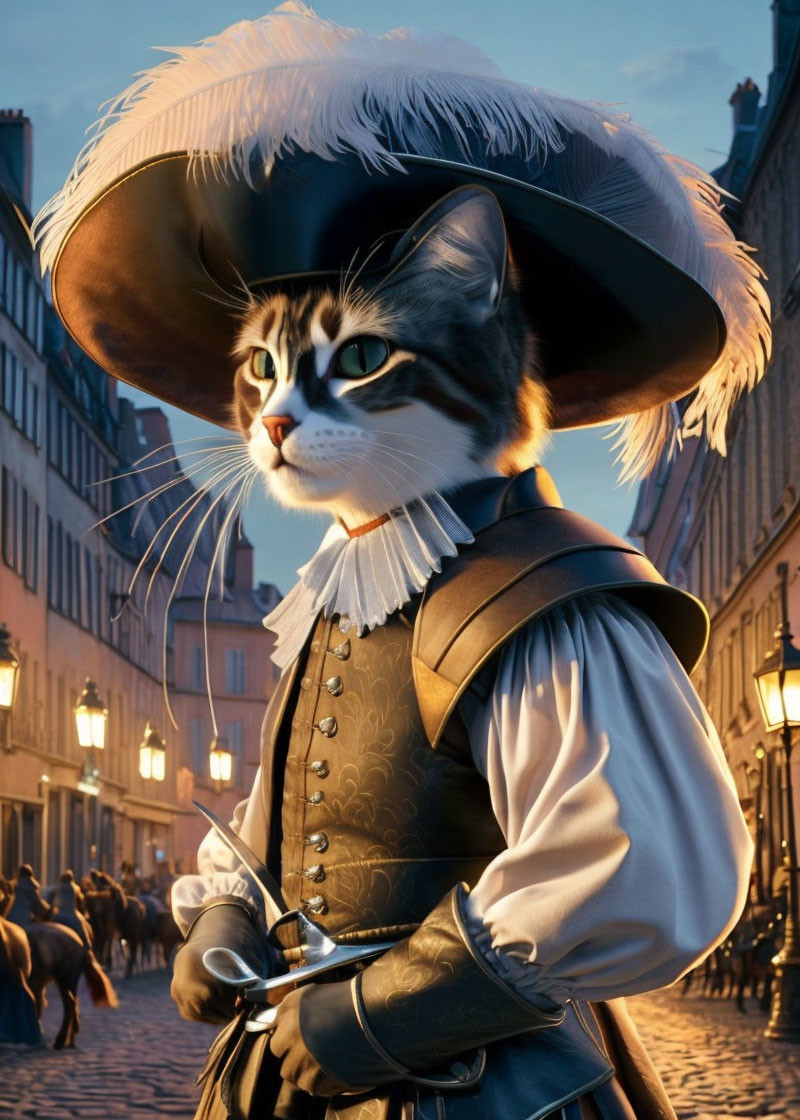 Anthropomorphic Cat in Musketeer Attire on Cobblestone Street at Dusk