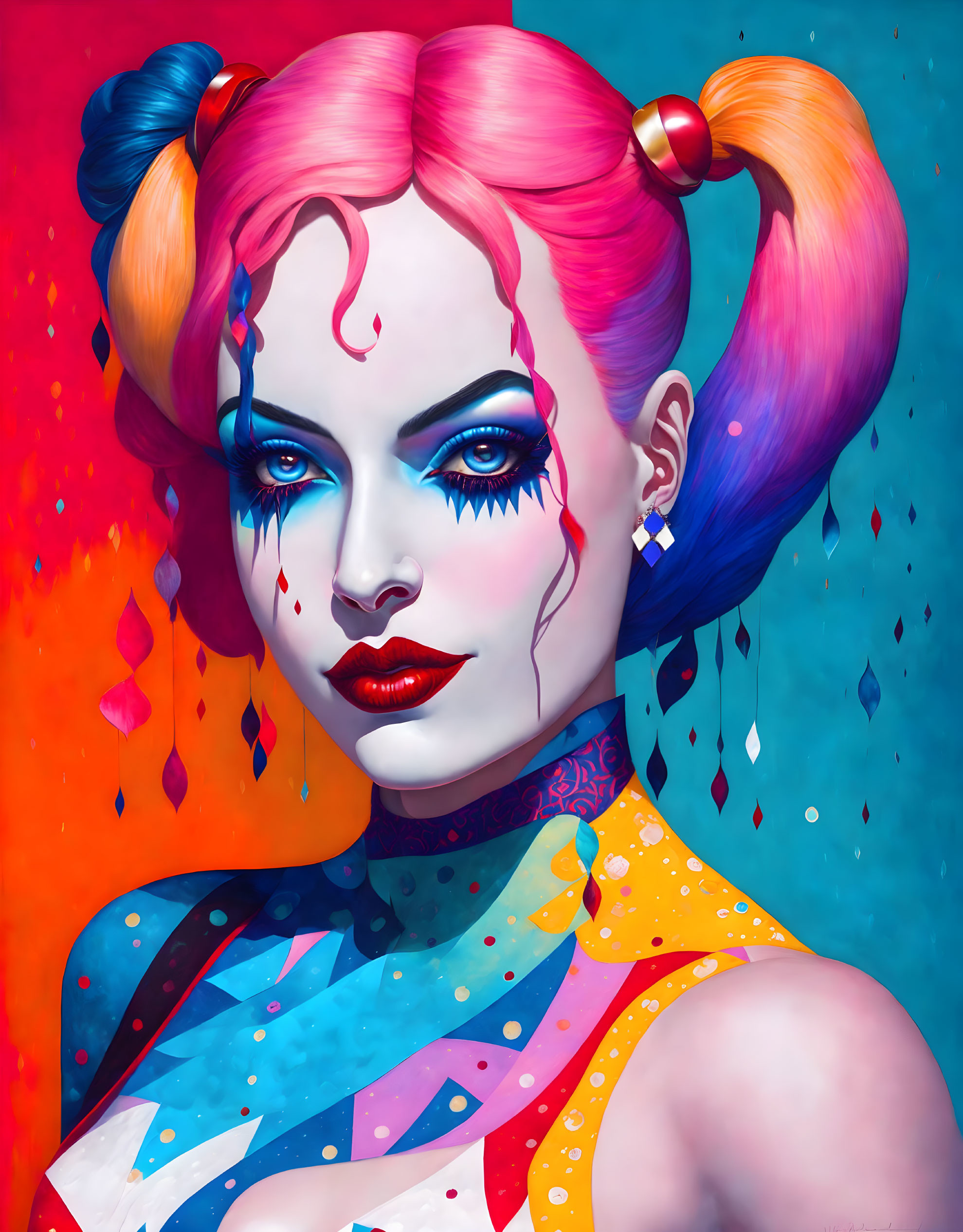 Colorful digital portrait of woman with pink and blue hair, dripping eye makeup, and blood drop on