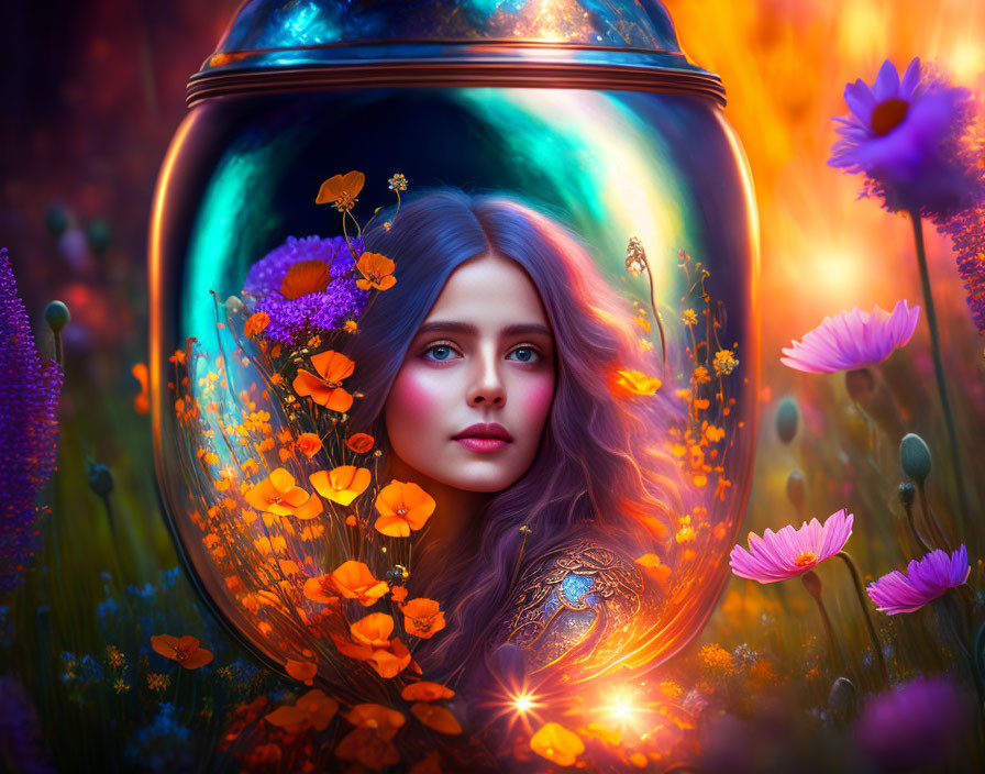 Vibrant orange flowers and fiery landscape around a woman's face in glass orb