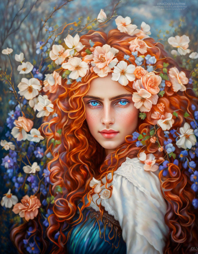 Portrait of woman with blue eyes, red hair, adorned with pale flowers, surrounded by lush flora