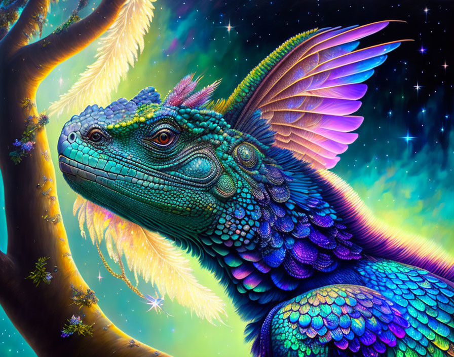 Mythical dragon creature with iridescent scales and cosmic backdrop