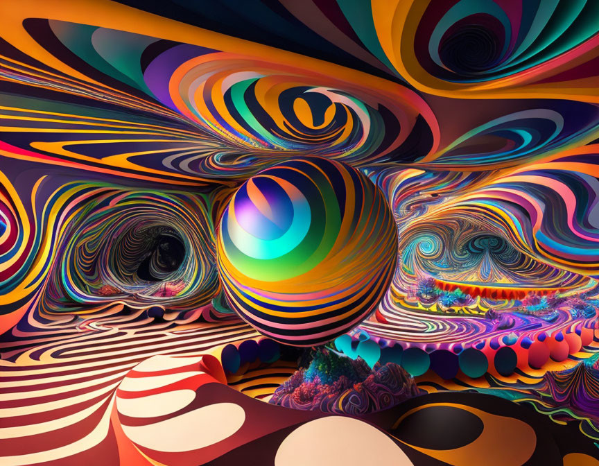 Colorful digital artwork: swirling patterns, spirals, kaleidoscope of colors, glossy sphere,