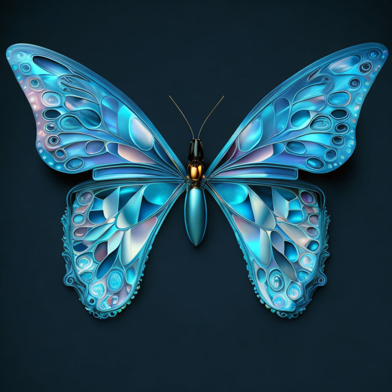 Metallic-Looking Butterfly with Blue and Turquoise Wings on Dark Background