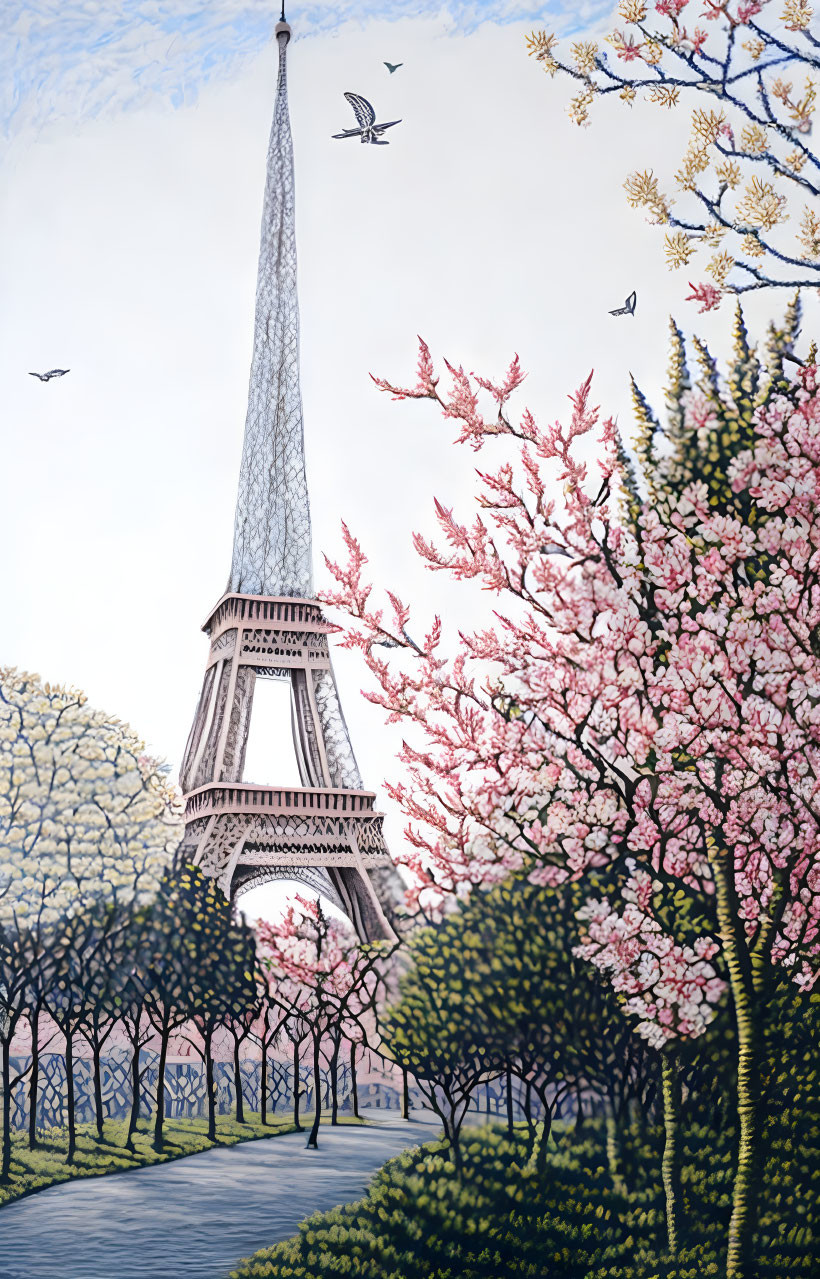 Eiffel Tower illustration with pink blooming trees and birds.