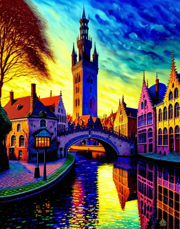 Colorful European Canal Town Artwork at Dusk with Clock Tower