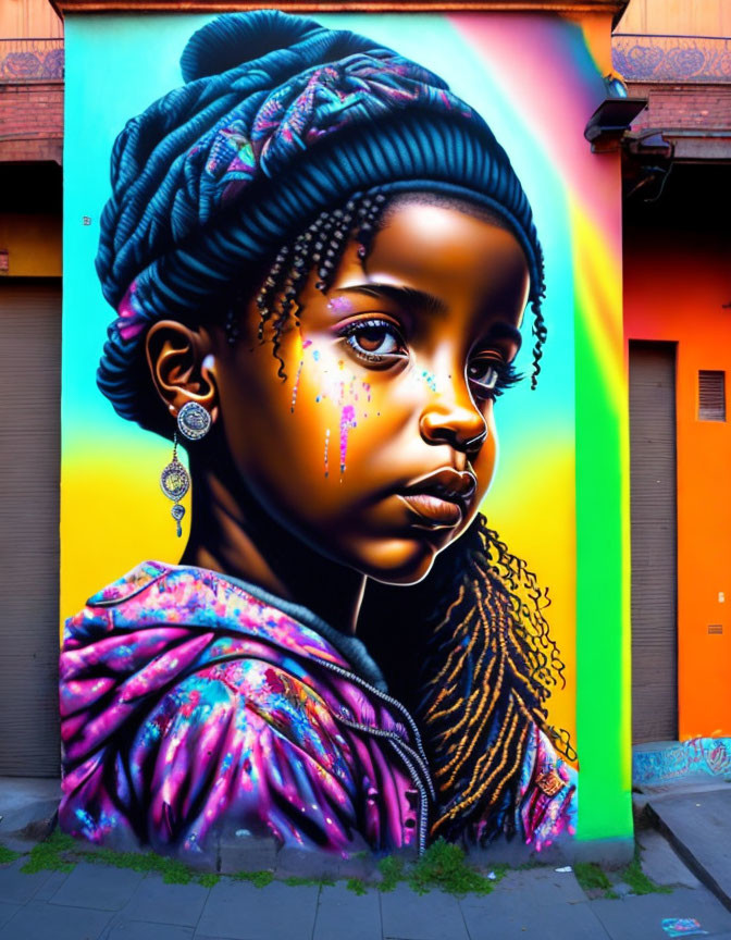 Colorful street art mural featuring young girl with braids and tear-like design