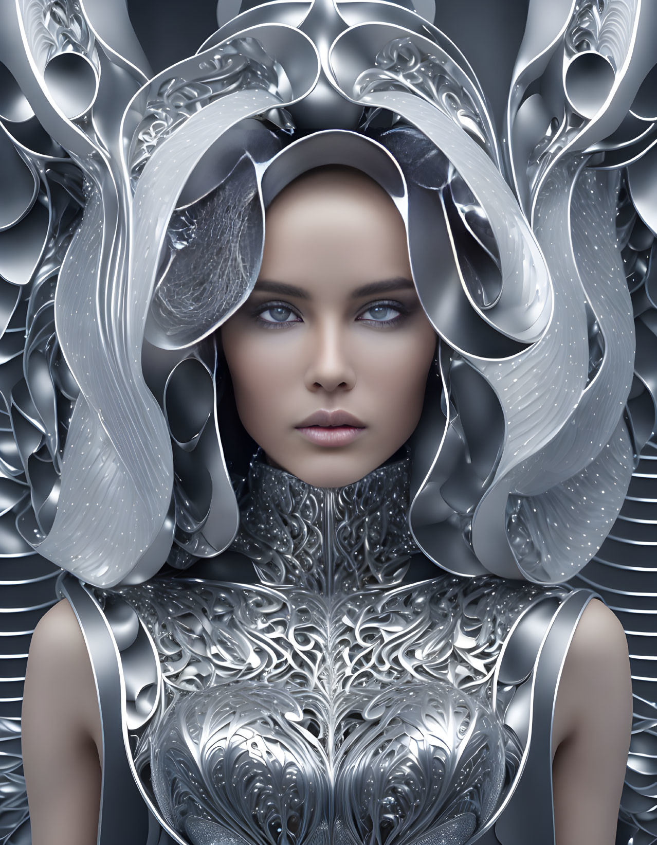 Futuristic woman with intricate silver headgear and armor