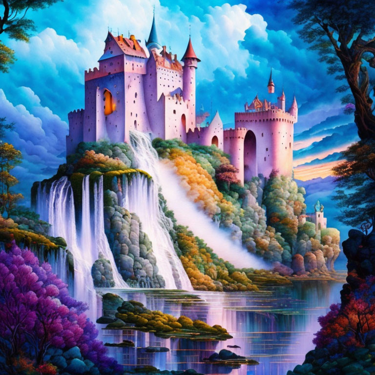 Fantasy castle on waterfall with colorful trees and lake reflection