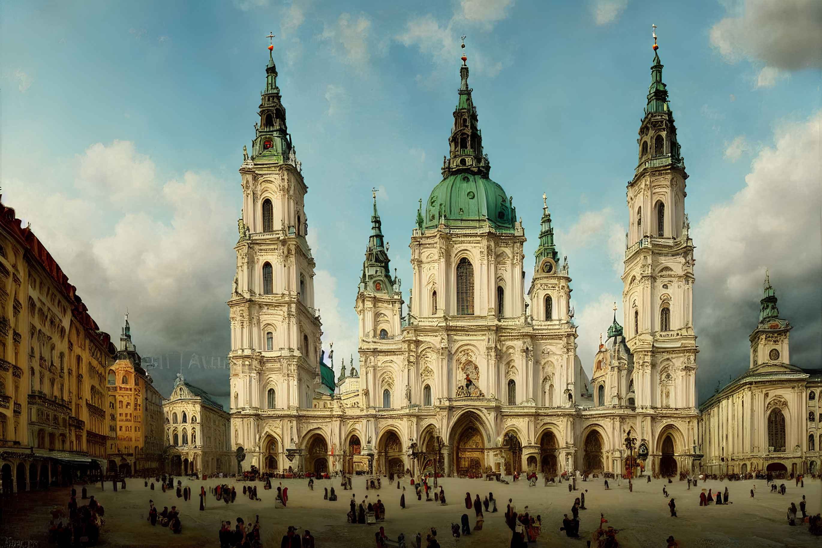 Grand cathedral with twin spires in historic square under cloudy sky