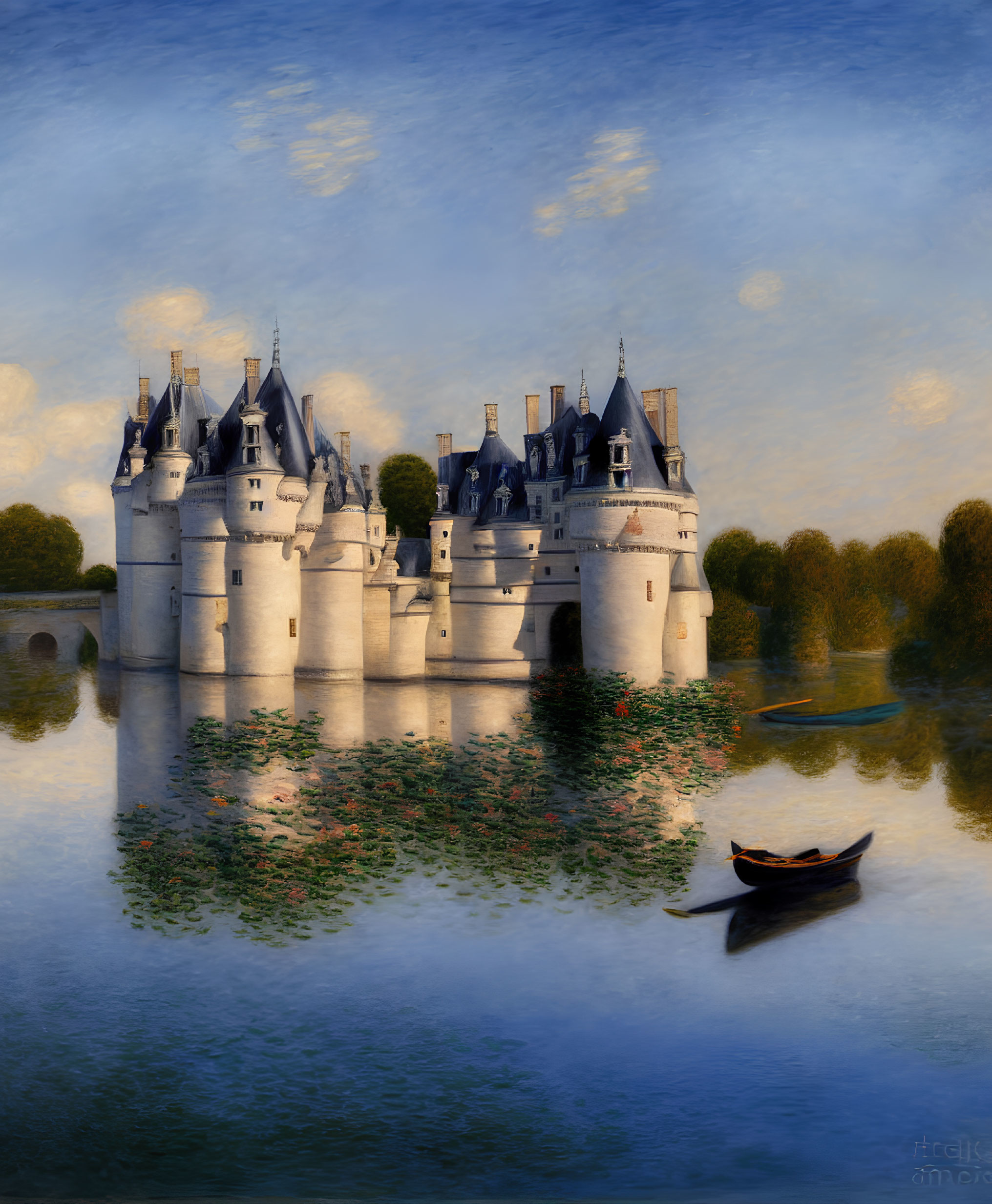 Majestic castle with spires reflected in calm water and rowboat under blue sky