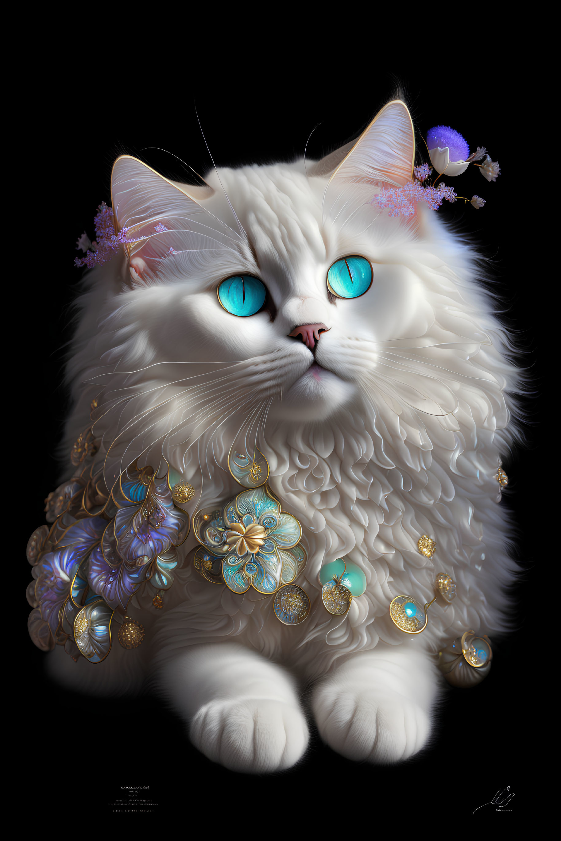 White Cat with Blue Eyes, Gold Jewelry, and Purple Flowers on Black Background