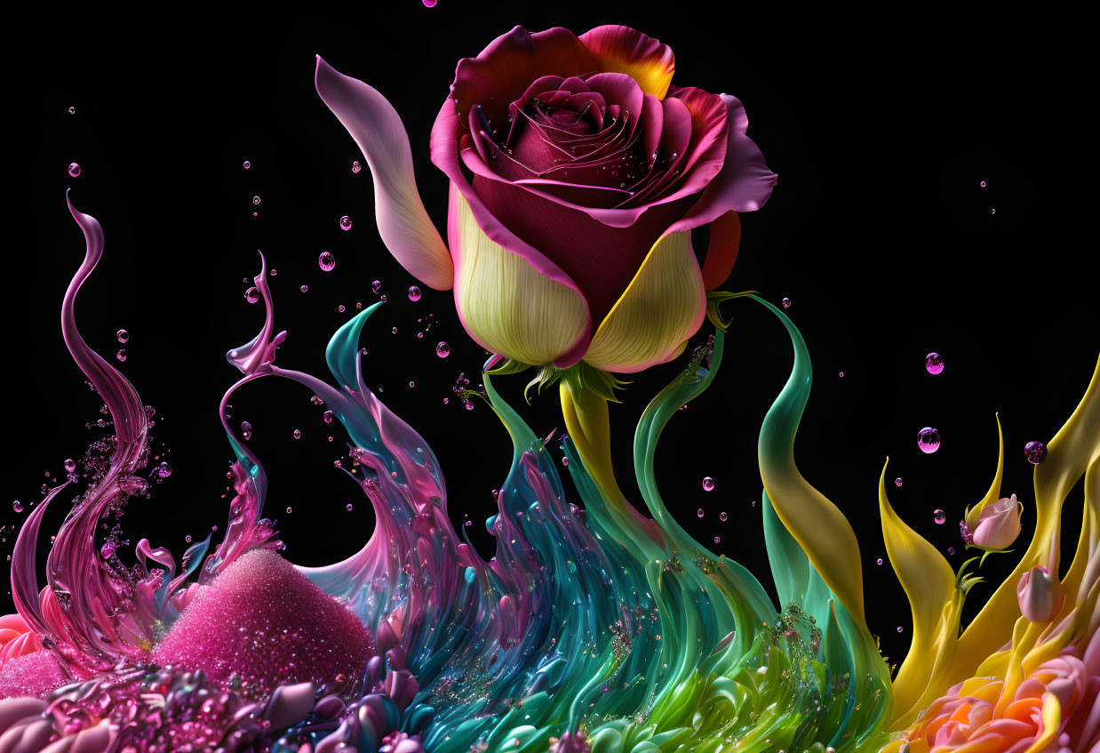 Colorful digital artwork: Multicolored rose with water-like patterns