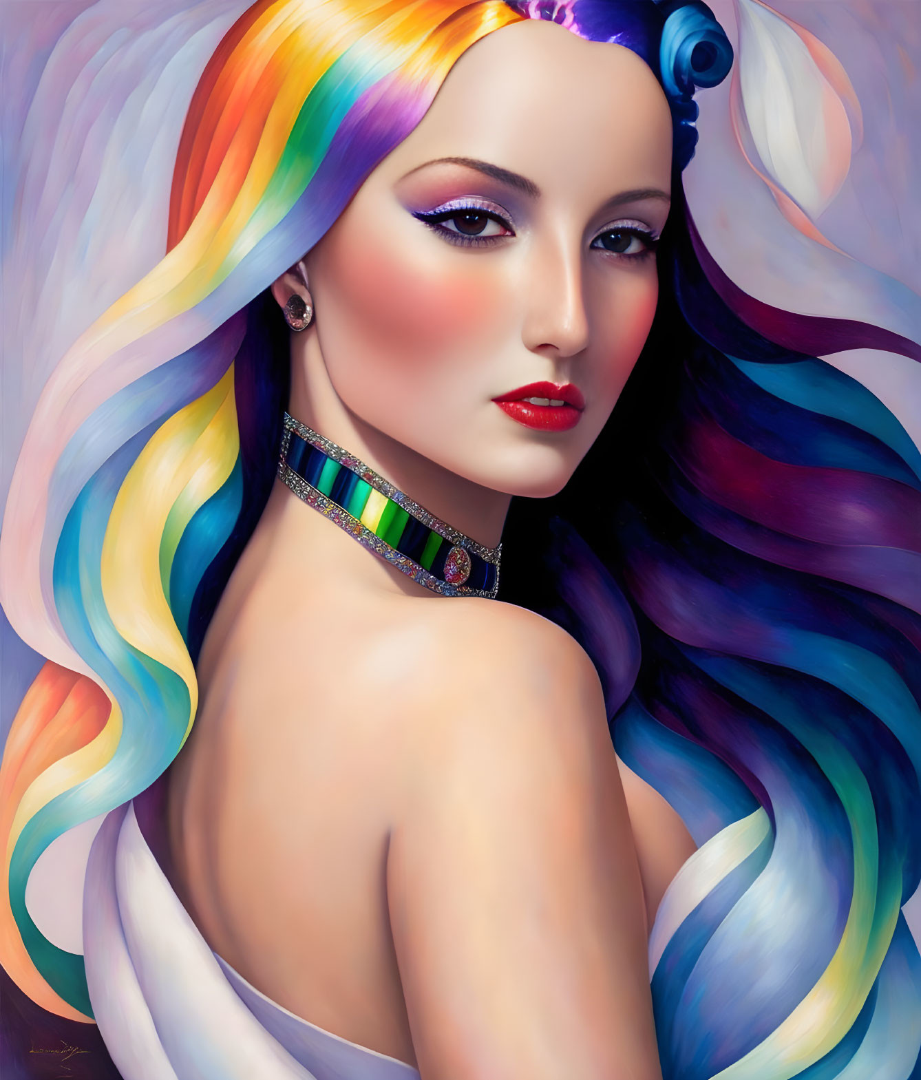 Colorful flowing hair and vivid makeup digital artwork of a woman with choker necklace and headpiece