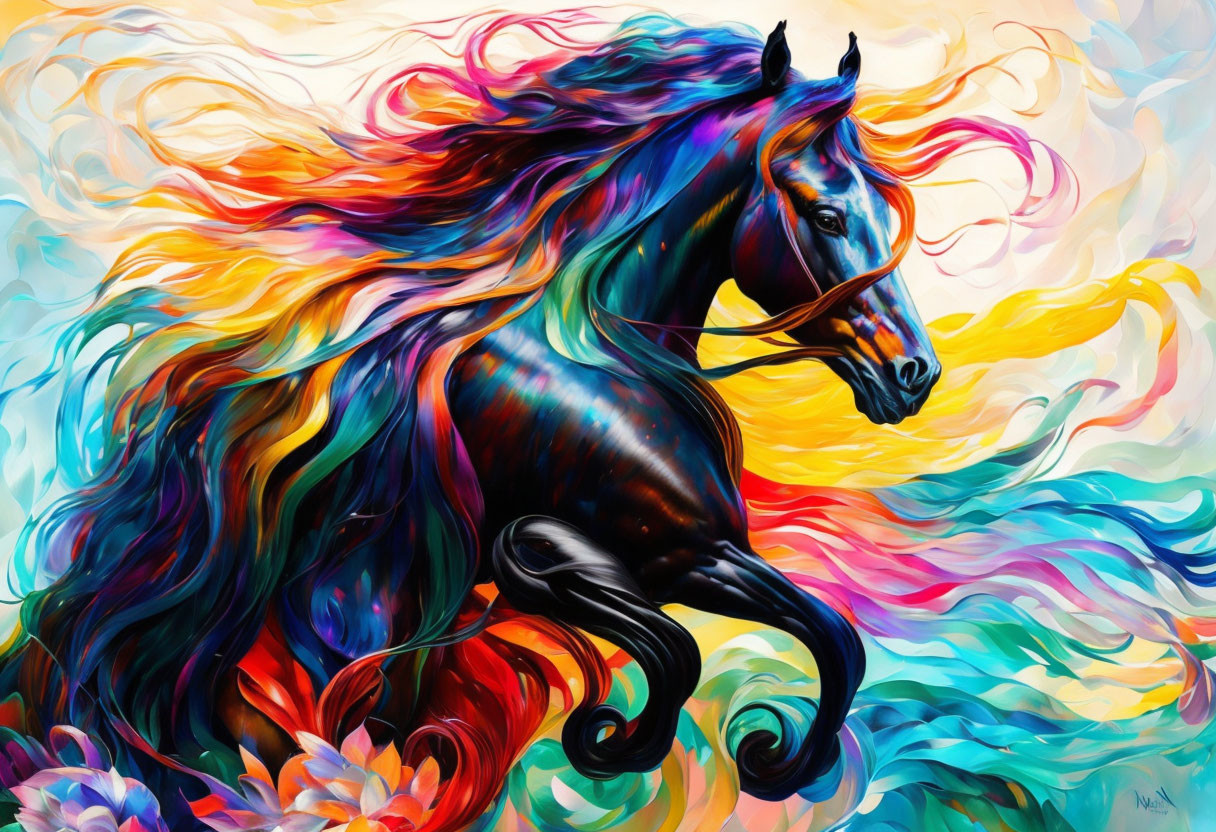 Colorful horse painting with flowing mane and floral swirls