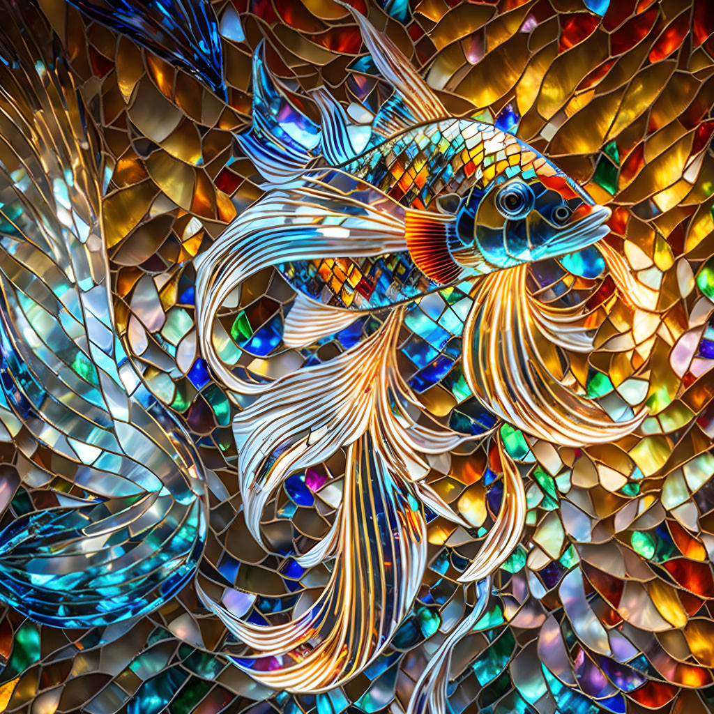 Colorful Fish Stained Glass Artwork with Mosaic Background