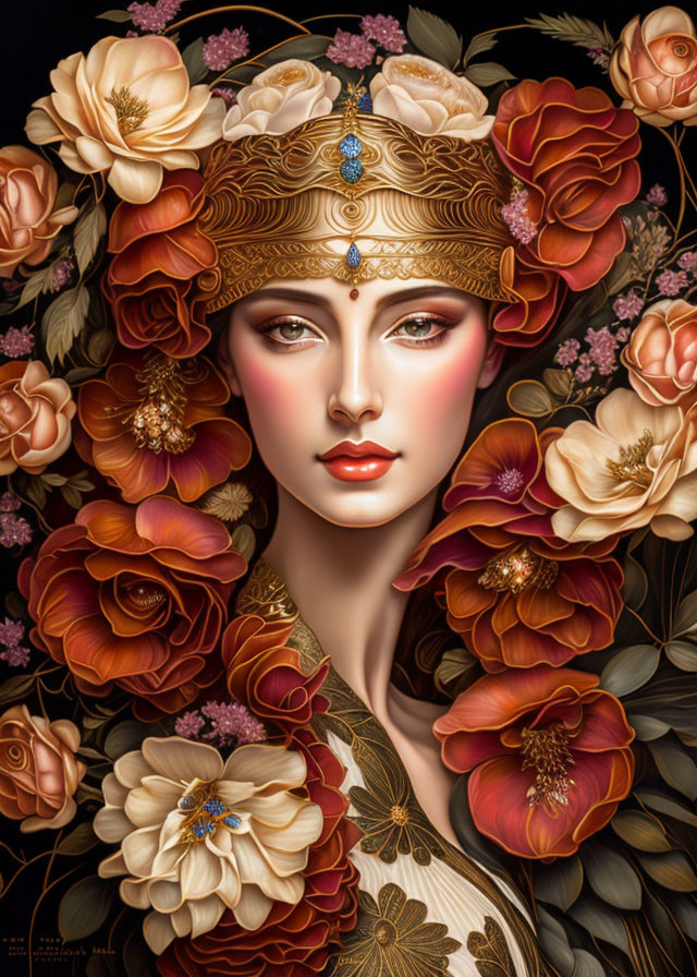 Detailed illustration of woman with floral headdress and golden jewelry, surrounded by roses in warm tones