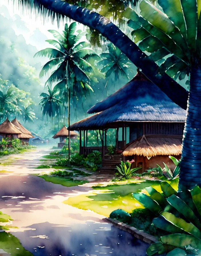 Tropical Thatched Huts in Lush Greenery