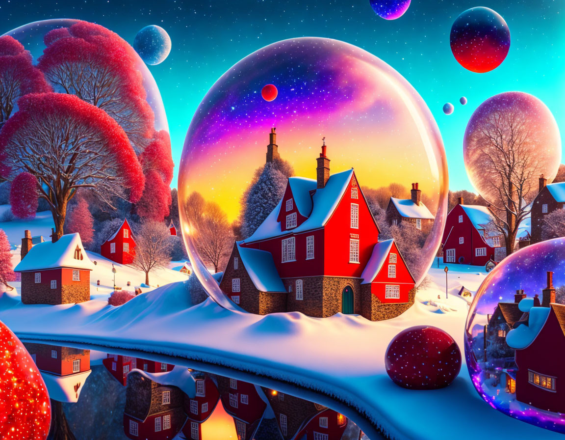 Colorful Winter Village with Snow-Covered Houses and Cosmic Sky