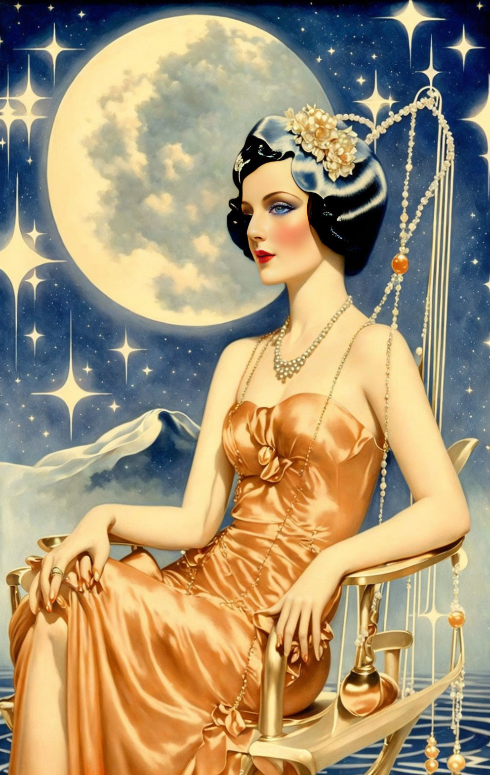 Glamorous woman in Art Deco style swing under full moon