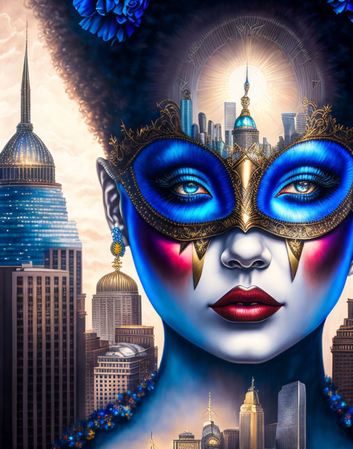 Surreal artwork of woman's face with blue eyes and ornate mask blended with cityscape.