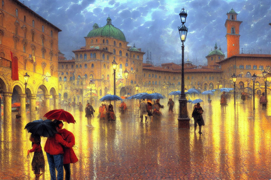 Rain-soaked square with umbrellas, street lamps, and cobblestones at night