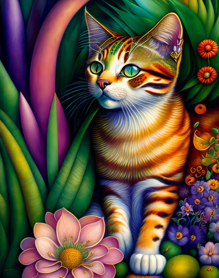 Colorful Cat Illustration Among Fantasy Flowers and Foliage