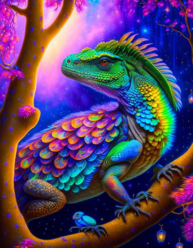 Colorful iridescent iguana in neon-lit forest with lanterns and turtles