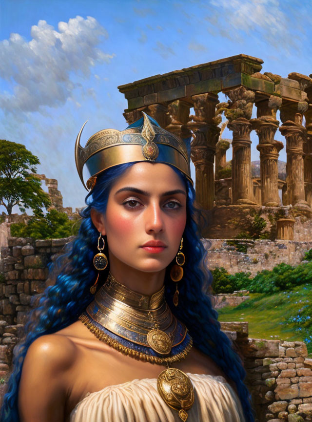 Regal woman with blue hair and golden crown in front of ancient ruins