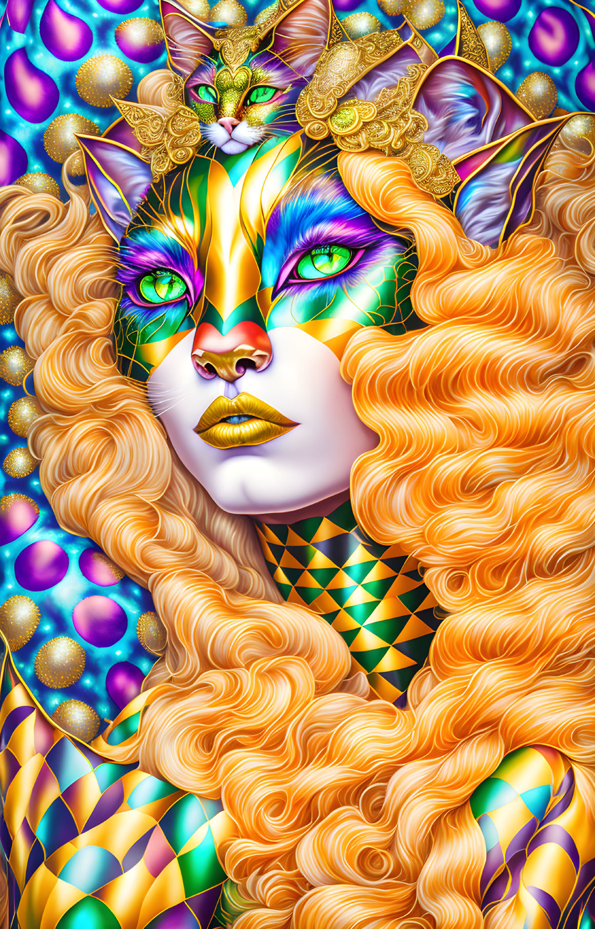 Colorful geometric illustration of woman with cat-like features and crowned cat above her head