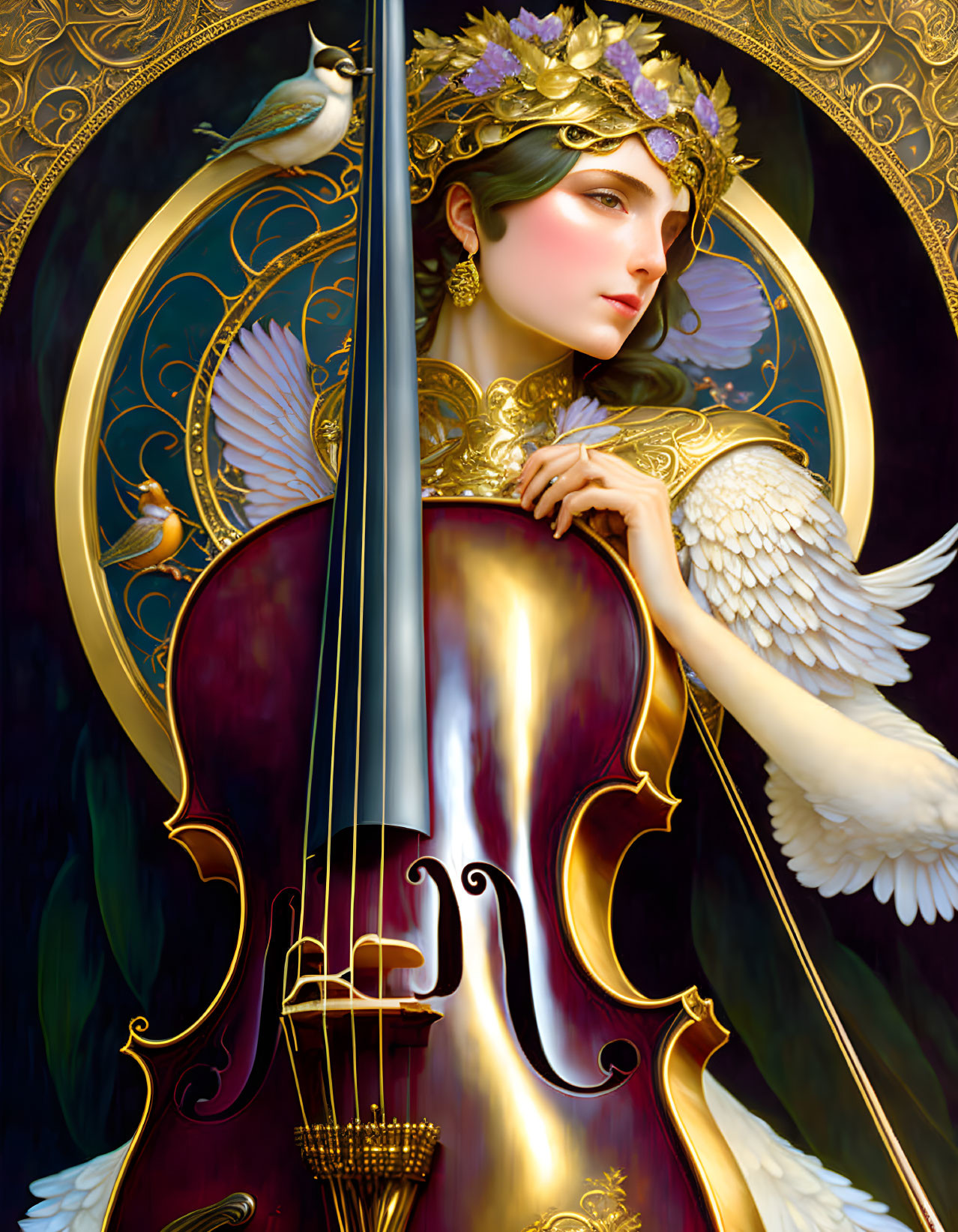 Illustrated woman with angel wings and floral crown playing violin amidst art nouveau motifs and birds