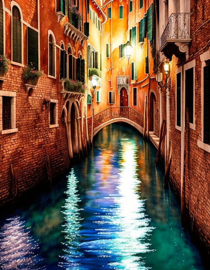 Colorful Venice Canal with Reflections and Bridge