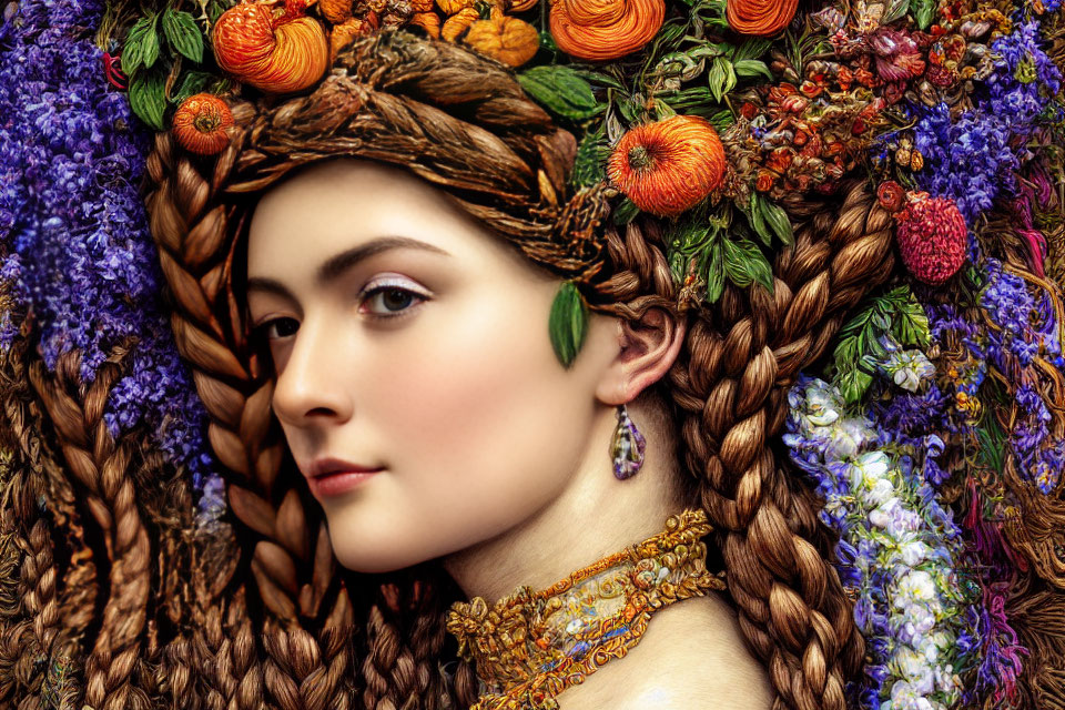 Woman with Floral and Fruit Headdress and Braided Hair in Vibrant Colors