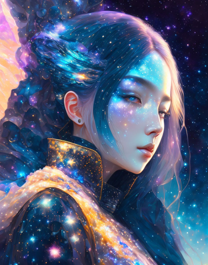 Cosmic-themed digital artwork of a woman with stars and galaxies overlaying her hair and skin