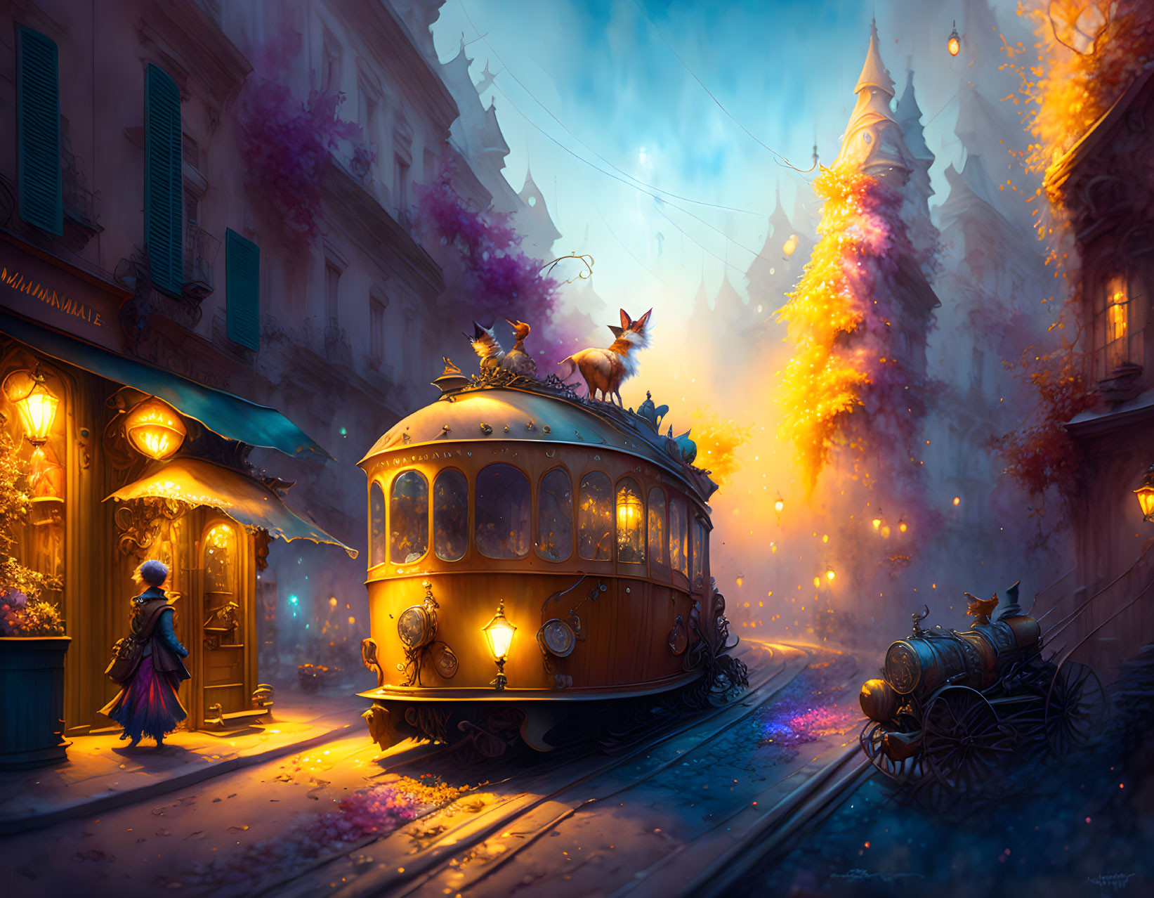 Twilight scene: Vintage tram, girl watching cat, gas-lit lamps, whimsical buildings