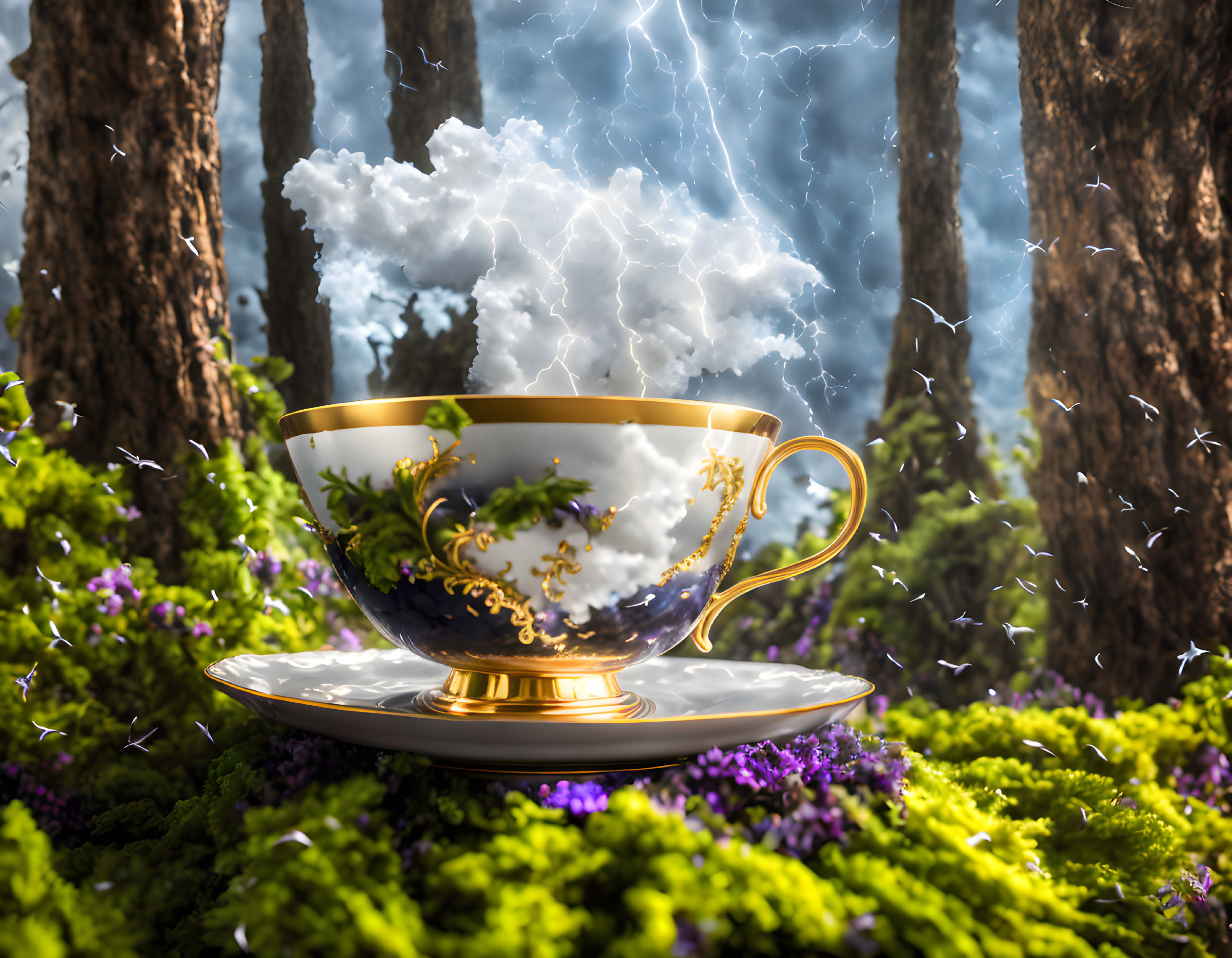 Ornate teacup in vibrant forest with thundercloud and lightning