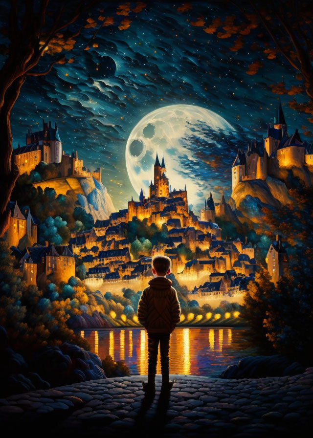 Child admires illuminated castle under starry sky