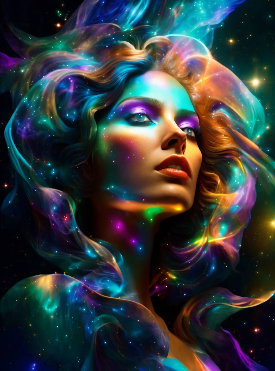 Colorful digital art: Woman's portrait merges with cosmic backdrop of swirling nebulas and vibrant lights