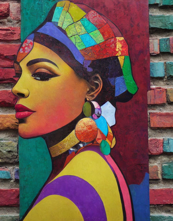 Vibrant mosaic-style painting of a woman in profile with geometric patterns on headpiece and earring