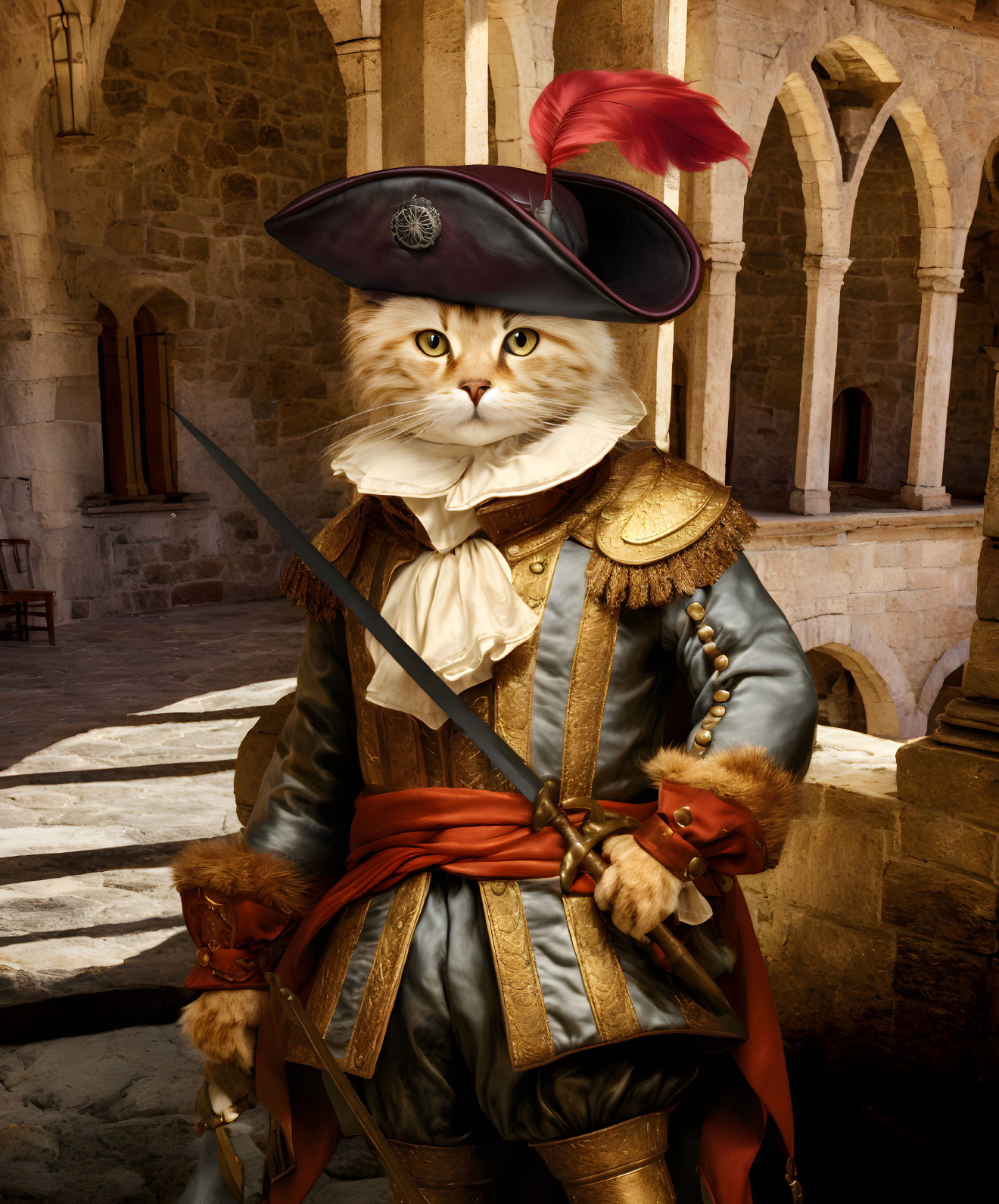 Cat dressed as musketeer in historical setting