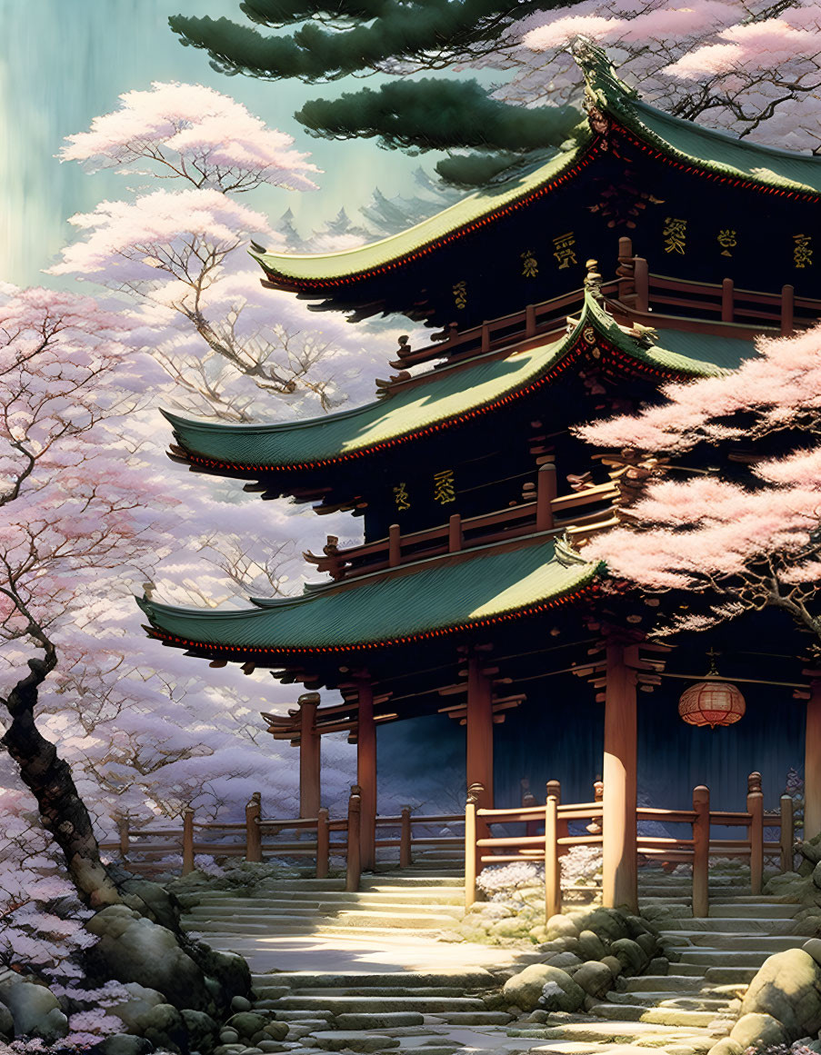 Traditional multi-tiered pagoda with cherry blossoms and stone path