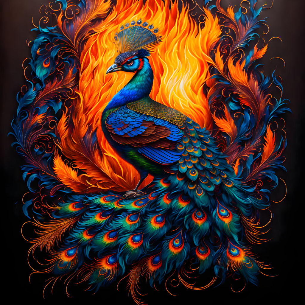 Colorful Peacock Artwork in Fiery Orange and Red Hues