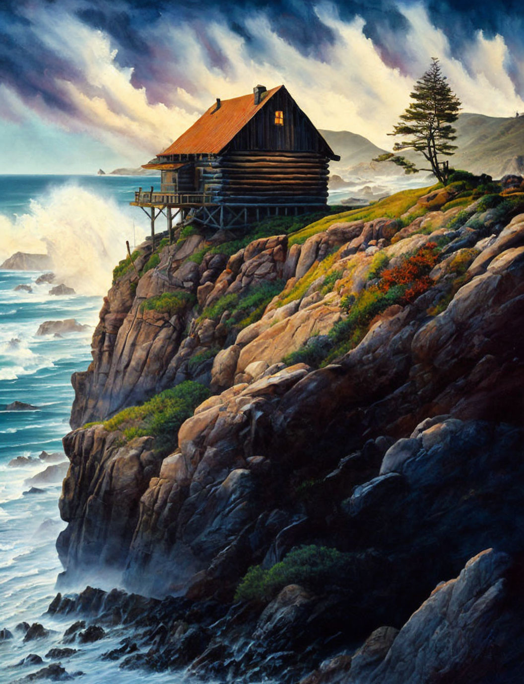 Rustic cabin on rocky cliff at sunset with crashing waves