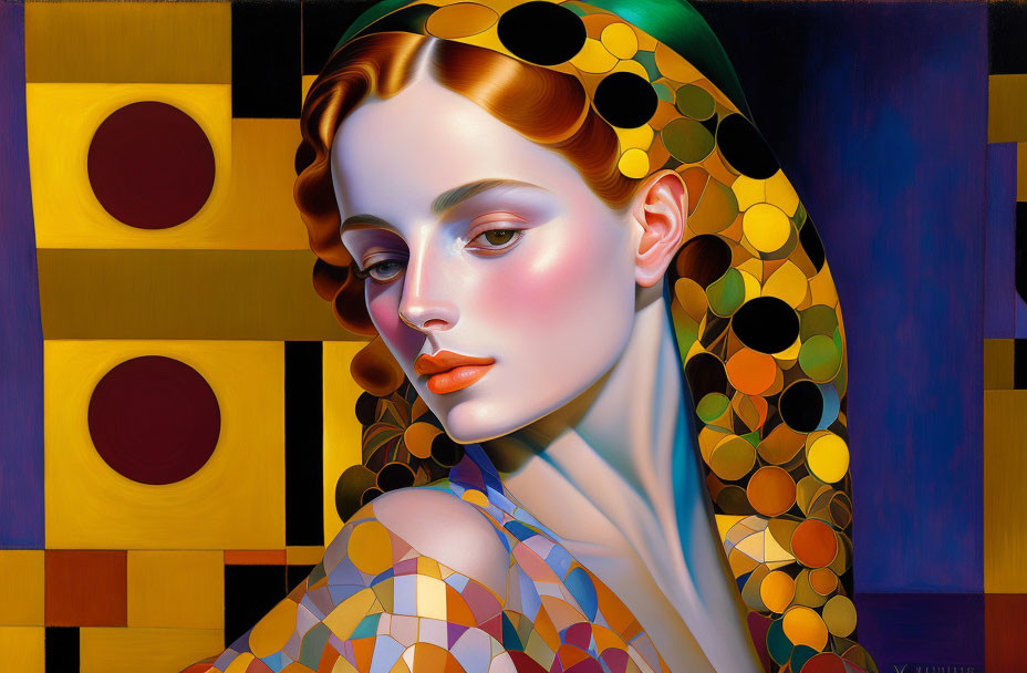 Abstract painting of woman with stylized features and vibrant geometric patterns