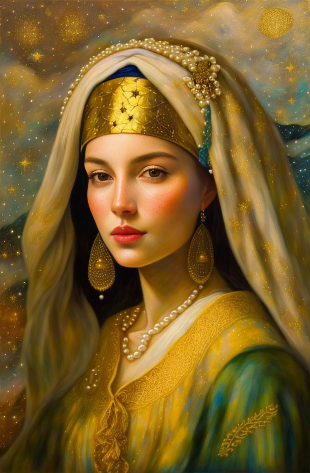 Portrait of Woman in Golden Headdress with Starry Background