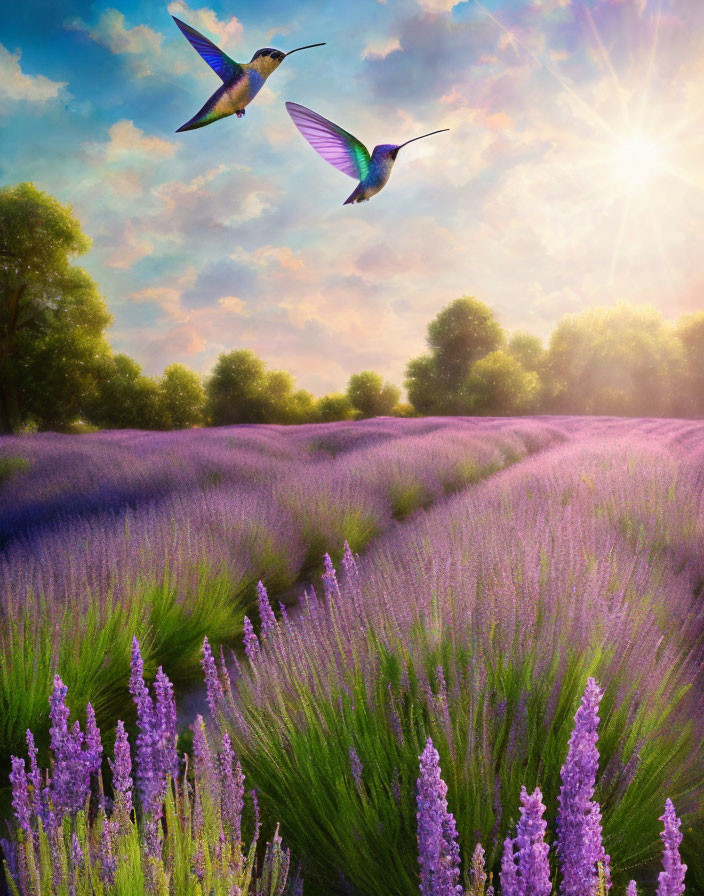 Vibrant lavender field with flying hummingbirds