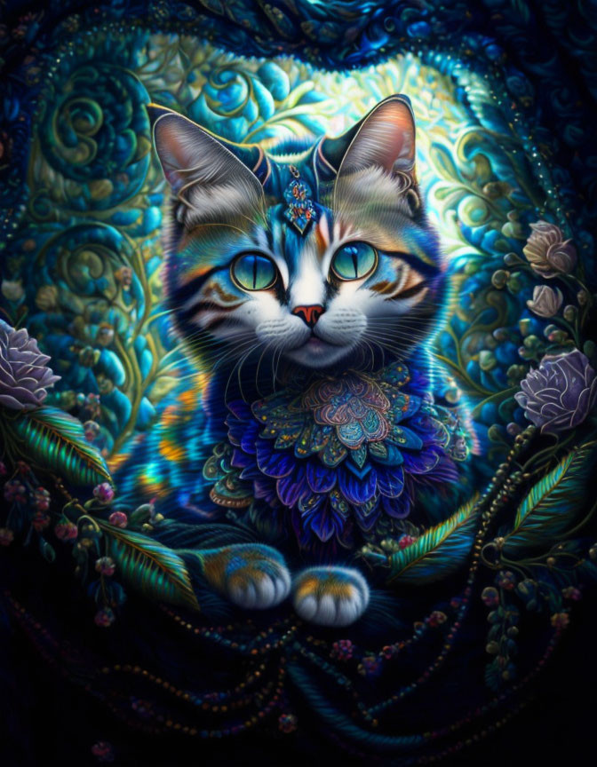 Colorful Cat Artwork with Intricate Patterns on Swirling Blue Background